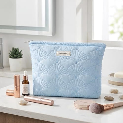 RSRSLEII Quilted Cotton Coquette Makeup bag, Coastal Granddaughter Aesthetic Cosmetic Bag, Cute Seashell Portable Travel Toiletry Pouch (11 Light Blue) - color: 11 Light Blue