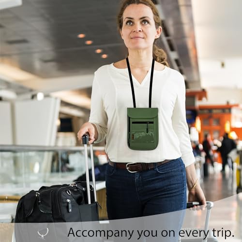 RFID Blocking Travel Neck Wallet Pouch and Passport Holder, Travel Neck Pouch Passport Holder for Women & Men - Army Green - color: 002Green