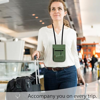 RFID Blocking Travel Neck Wallet Pouch and Passport Holder, Travel Neck Pouch Passport Holder for Women & Men - Army Green - color: 002Green