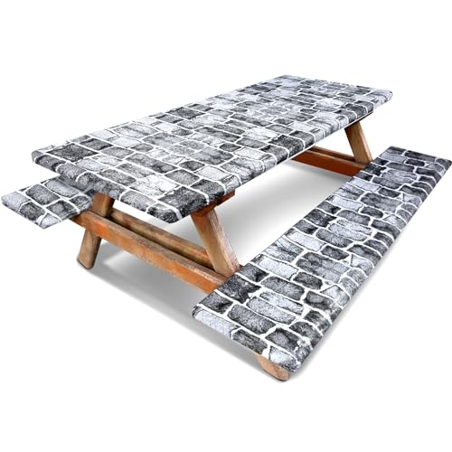 Boao 3 Pcs Vinyl Picnic Table Cover with Bench Cover 6 ft 30 x 72 Inch Waterproof Fitted Tablecloth Flannel Backing Rectangular Elastic Edged for Camping Outdoor Patio Travel(Brick) - color: Brick