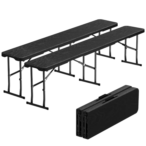 6ft Folding Bench 2 Pack, Plastic Folding Bench for Picnic Camping Dining Party Garden, 6 feet Foldable Benches for Soccer Multipurpose Entertaining Activities, Smooth HDPE Tabletop, Black - color: Black, size: 2 Folding Bench