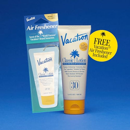 Vacation Classic SPF 30 Sunscreen Lotion and Air Freshener Bundle, 3.4 Fluid Ounces - Invisible, No White Cast, Water-Resistant, Vegan, Dermatologist-Tested, Travel Size - size: 3.4 Fl Oz (Pack of 1), style: SPF 30