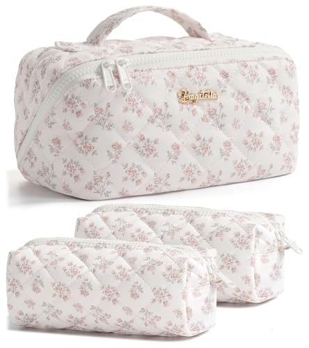 Travel Makeup Bag, 3 Pcs Large Capacity Puffy Toiletry Bag for Women, Open Flat Make up Cosmetic Organizer w/Handle & Clear Divider Water-resistant Portable Pouch Travel Essentials, M-Beige Rose - color: Beige Rose, size: medium