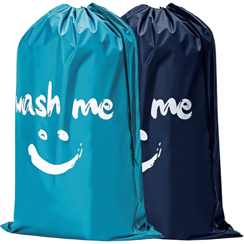 HOMEST 2 Pack XL Laundry Bags 28" x 40", Extra Large Dirty Clothes Organizer Holds 3-4 Loads, Machine Washable Drawstring Laundry Bag for Dorm, Camp, Laundromat, Family, Travel, Sky blue & Blue - color: (Ⅰ-Wash me) Blue & Sky Blue