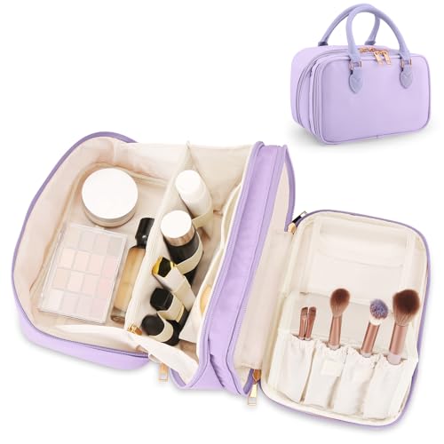 Travel Makeup Bag for Women Fashion Large Capacity Pouch Open Flat Cosmetic Portable Organizer Waterproof Large Opening Storage Toiletry Bags Vertical Free-Standing Brush Holder for Easy Access Purple - color: Purple
