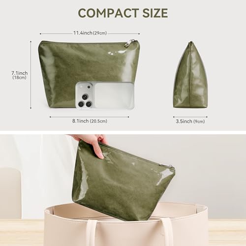 WLLWOO PVC Waterproof Makeup Bag Kraft Paper Cosmetic Bag Travel Toiletry Zipper Pouch Organizer for Women Purse - color: PVC-Olive Green