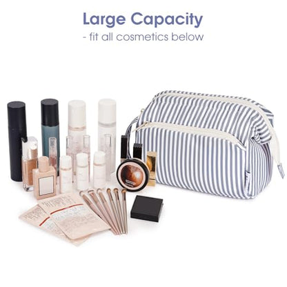 Narwey Striped Wide Open Makeup Bag Women, Travel Toiletry Bag for Women Cosmetic Bag Organizer Make up Bags with Compartments, Gift for Teen Girls (Greyish Blue Stripe) - color: ZY-Greyish Blue Stripe