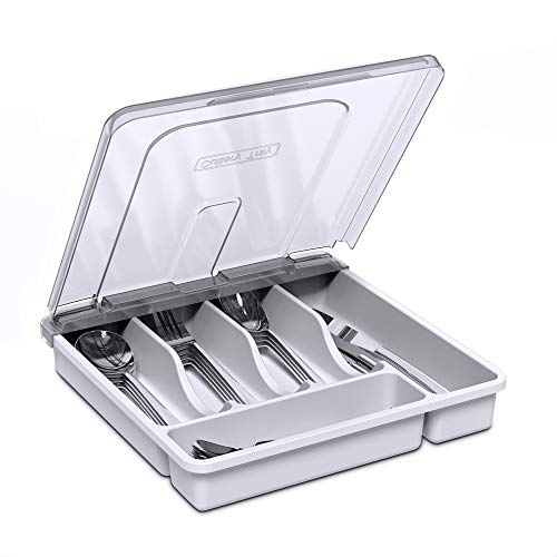 Utensil Holder for Countertop with Lid, Plastic Silverware Tray for Drawer, 5 Compartments Flatware Organizer, White - color: White