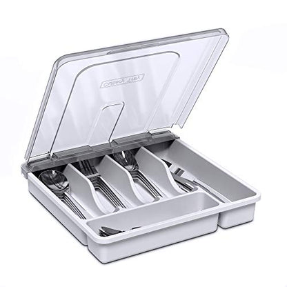 Utensil Holder for Countertop with Lid, Plastic Silverware Tray for Drawer, 5 Compartments Flatware Organizer, White - color: White