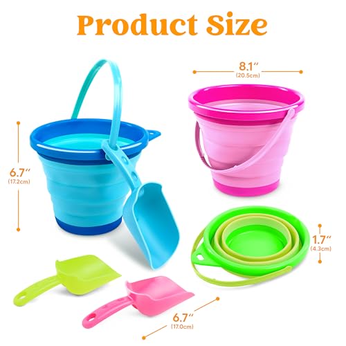 JOYIN 3 Packs Foldable Pail Bucket with Shovels & Mesh Bag, Collapsible Buckets Multi Purpose for Beach, Camping Gear, Beach Party, Fishing, and Fun Summer Activities (Blue/Pink/Green) - color: Blue/Pink/Green