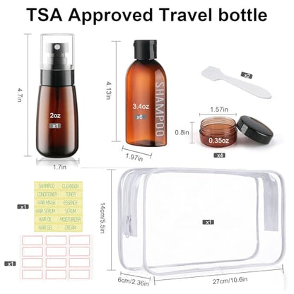 Travel Kit - 10 Pcs Travel Bottles for Toiletries, TSA Approved, Leak Proof Plastic Small Cream Jars & Refillable Spray Bottle for Shampoo, Conditioner (Brown) - color: A-Brown
