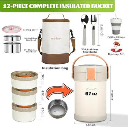 67 oz Adults Thermo for Hot Food 2L 9.06 in 3 Layer Stainless Steel Vacuum Soup Food Thermo Hot Food Jar Bento Box for Men, Women, Suitable insulated Lunch Box for 12+ Camping, Office & Travel Use - color: opaline