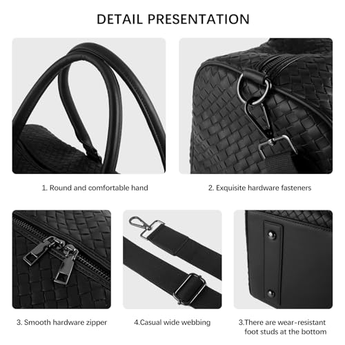 Weekender Bags for Women Woven Leather Travel Duffle Bag with Shoe Compartment, Carry On Garment Bag for Men Women, Large Capacity Water-resistant Gym Tote (Black) - color: Black