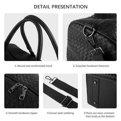 Weekender Bags for Women Woven Leather Travel Duffle Bag with Shoe Compartment, Carry On Garment Bag for Men Women, Large Capacity Water-resistant Gym Tote (Black) - color: Black