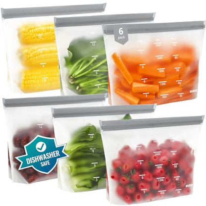 IDEATECH Reusable Bags Dishwasher Safe, BPA Free Reusable Gallon Freezer Bags, Stand Up Leakproof Food Storage Bags for Marinate Meats, Salad Fruit, Vegetables, Home Organization -Gray 6 Large Bags - color: Grey (6 Gallon)