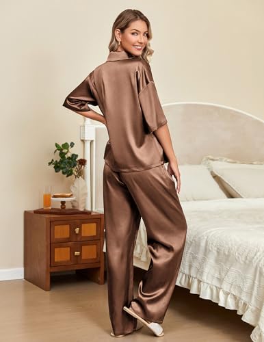 Ekouaer Silk Satin Pajamas Set Women Short Sleeve Pj Sets Button Down Sleepwear 2 Piece Soft Loungewear S-XXL - color: Brown, size: Large