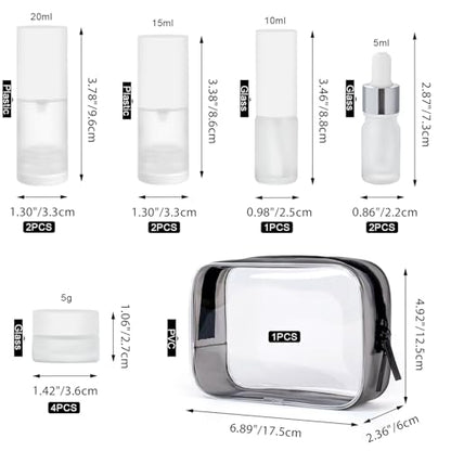 Travel Bottles for Toiletries,14pcs,Toiletry Bag,Airless Pump Bottles,Dropper Bottles,glass jars,Spray bottle,Leak Proof&Refillable,TSA Approved