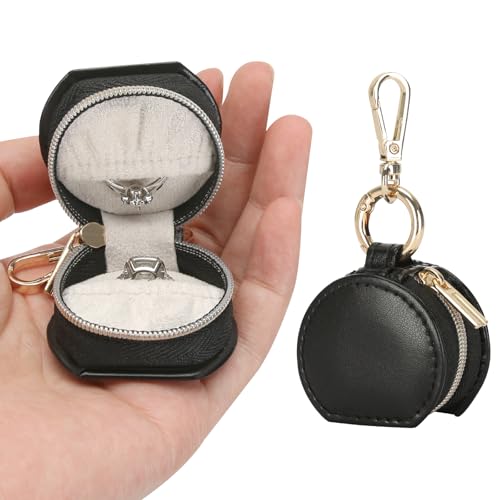 KUKUVR Jewelry Ring Holder Storage Box with Keychain, Portable Gym Jewelry Storage Case, Small Travel Ring Earring Stud Necklace Storage Case for Women Girl (Black) - color: Black