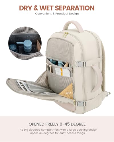 LOVEVOOK Travel Backpack For Women, 40L Carry On Backpack Flight Approved, TSA Personal Item Backpack Fits 17 Inch Laptop, Business Weekender Overnight Waterproof Daypack With 2 Packing Cubes, Beige - color: Beige, size: 40l-17.3 Inch-3pcs