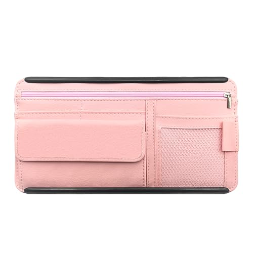 Car Sun Visor Storage Bag, Soft Leather Surface Organizer, Scratch-Resistant Auto Sunshade Organizer Bag, Can Store ID Card, Eyeglasses, Pen, Driving License etc (Pink) - color: Pink