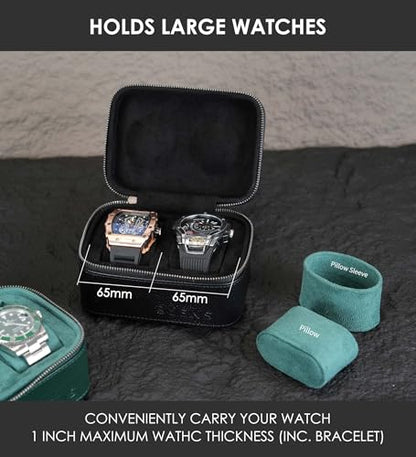 2 Watch Travel box Real Top-grain Leather Two Watch Roll Case for Man and Women Watches Packing Box Storage Organizer with Black Suede to Protection Zipper Fit All Watches Up to 60mm (2W-Z-BB) - color: 2W-Z-BBL