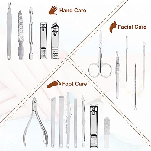 Nail Clippers Set 18 Pieces Stainless Steel Manicure Kit, Professional Grooming Kits, Nail Care Tools with Luxurious Travel Case - color: Brown