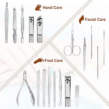 Nail Clippers Set 18 Pieces Stainless Steel Manicure Kit, Professional Grooming Kits, Nail Care Tools with Luxurious Travel Case - color: Brown