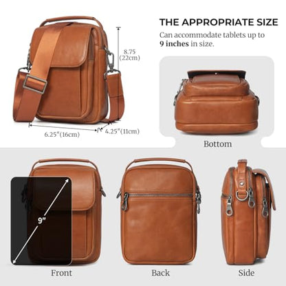 Augus Leather Small Messenger Bag For Men Crossbody Handbag Shoulder Sling Travel Bags for Men Purse Daypack Magnetic Buckle - color: Light Brown