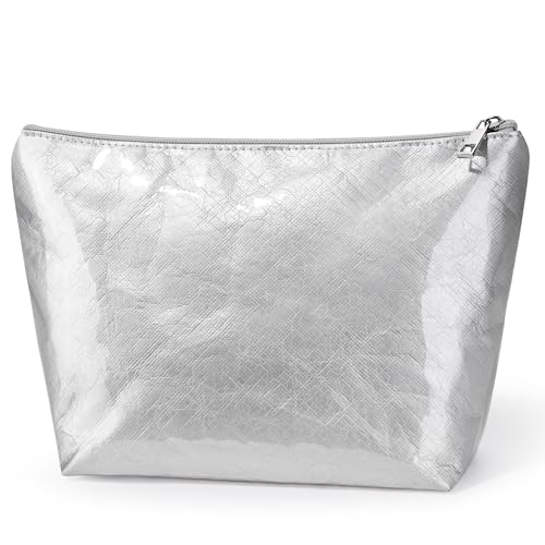 WLLWOO PVC Waterproof Makeup Bag Kraft Paper Cosmetic Bag Travel Toiletry Zipper Pouch Organizer for Women Purse - color: PVC-Silver