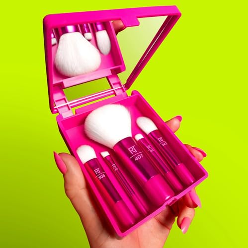 Real Techniques Vivid Escape Glow-To-Go Travel Makeup Brush 6 Piece Set, Mini Size Makeup Brushes for Eyeshadow, Concealer, Contour, & Blush, Includes Mirror Cosmetic Case, Cruelty-Free & Vegan - size: 1 Count (Pack of 6)