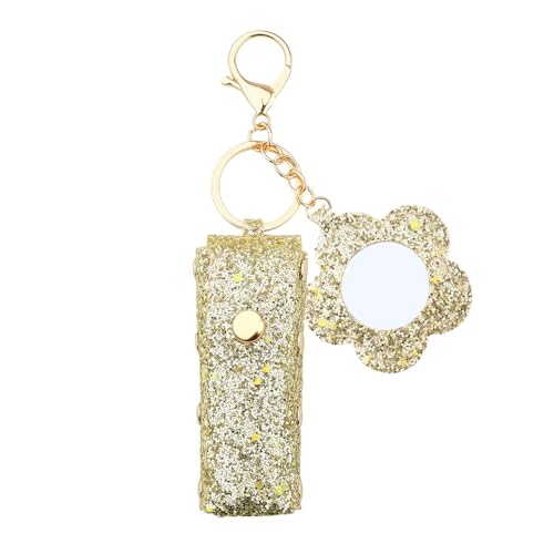 Sisadodo Glitter Lip Oil Holder Key Chains for Woman Lipstick Case with Mirror Lip Balm Keychain for Lipstick Case Keychain - color: Gold-flower