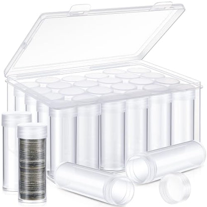 Qunclay 24 Pcs Quarter Coin Tubes with 1 Storage Box Clear Plastic Quarter Holders with Lid for Coin Collection and Organization - size: Quarter