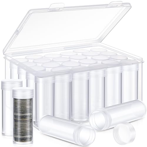 Qunclay 24 Pcs Quarter Coin Tubes with 1 Storage Box Clear Plastic Quarter Holders with Lid for Coin Collection and Organization - size: Quarter