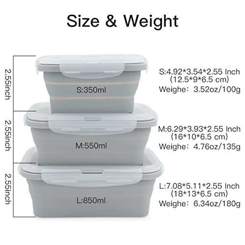 Collapsible Silicone Lunch Bento Box, Portable Food Storage Container Outdoor Picnic Box Space Saving, Microwave, Dishwasher and Freezer Safe, 3 Pcs Set (Grey) - color: Gray