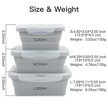 Collapsible Silicone Lunch Bento Box, Portable Food Storage Container Outdoor Picnic Box Space Saving, Microwave, Dishwasher and Freezer Safe, 3 Pcs Set (Grey) - color: Gray