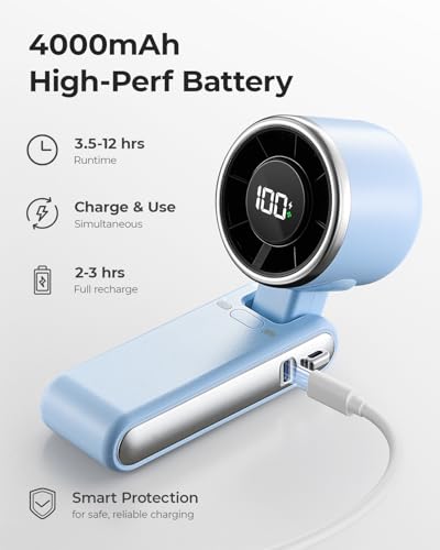 Portable Handheld Turbo Fan - 5 Gear High Speed 4000mAh Rechargeable Mini Personal Hand Fan Blow Cold Air, Battery Operated Travel Essentials, Gifts for Women, Men (Dew Drop Blue) - color: Dew Drop Blue