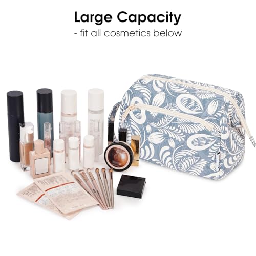 Narwey Women Makeup Bag Wide-open Make up Bag Travel Cosmetic Organizer Toiletry Bag for Cosmetics Toiletries Accessories (Blue Leaf) - color: Y-Blue Leaf