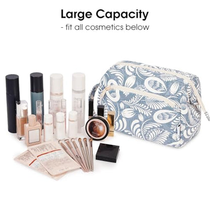 Narwey Women Makeup Bag Wide-open Make up Bag Travel Cosmetic Organizer Toiletry Bag for Cosmetics Toiletries Accessories (Blue Leaf) - color: Y-Blue Leaf