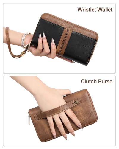 BOSTANTEN Wallets for Women Leather RFID Double Zipper Around Credit Card Holder Large Capacity Wristlet Clutch Wallet - color: Black＆brown