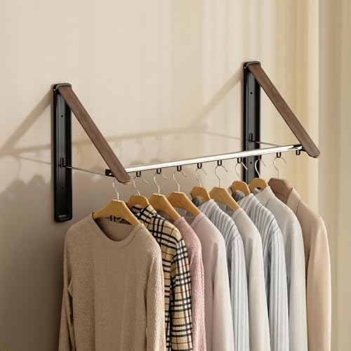 Clothes Drying Rack, Laundry Room Wall Mounted Retractable Clothes Hanger Drying Rack, Laundry Clothing Drying Rack Folding Indoor or Outdoor, Aluminium Dryer, 2pcs(Wood with 80cm bar) - color: Wood2