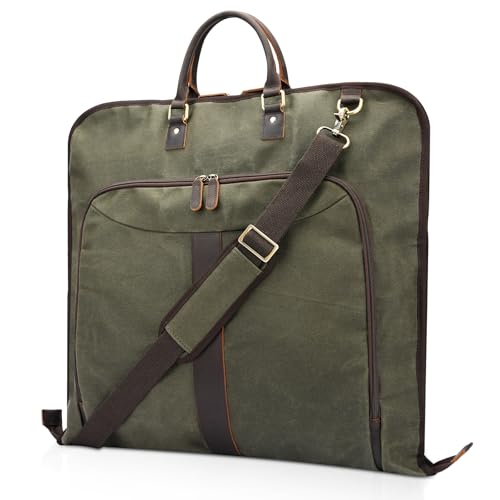 Polare Waxed Canvas Full Grain Leather Trim Garment Carry On Bag for Travel, Foldable Hanging Suitcase Weekender Dust-Proof Garment Waterproof Cover with YKK Zipper and Adjustable Strap (Army Green) - color: Army Green