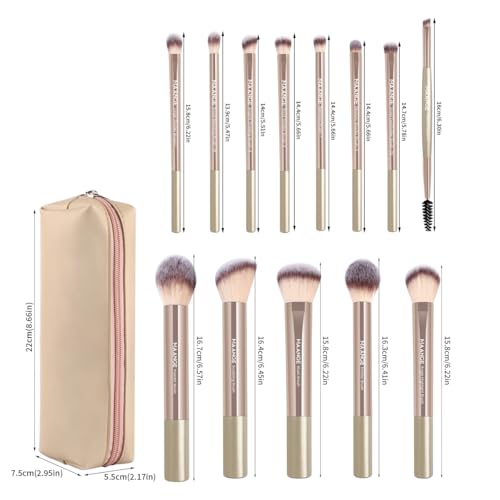 MAANGE 13 PCS Makeup Brushes Professional Make Up Brushes Premium Synthetic Powder Concealers Brushes Travel Makeup Brush Set with Case (Champagne) - color: Champagne