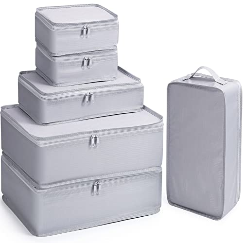 Mossio 6 Set Packing Cubes with Shoe Bag - Lightweight Travel Luggage Suitcase Organizers - color: Grey