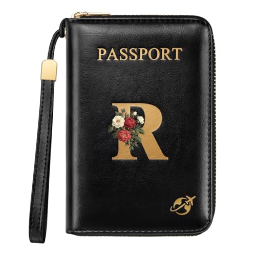 Passport Holder Cover Wallet with Zipper Personalized Initial Letter R Rose Flower RFID Blocking Travel Wallets Credit Cards Holder for Women, Gift for Wife and Girlfriend,R - color: Black, size: R