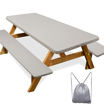 Picnic Table Cover with Bench Covers Camping Essentials Waterproof Windproof Camping Tablecloth with Drawstring Bag, Fitted Rectangle Tables and Seats, 72in, Beige Linen Texture - color: Beige Linen Texture, size: 72in