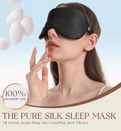 HiRui Silk Sleep Mask, 100% Natural Mulberry Silk of Double-Sided & Inner-Filling, Ultra-Smooth Soft, Adjustable Strap, Blocks Light for Night Sleeping, Travel, Office Naps (Black) - color: Black
