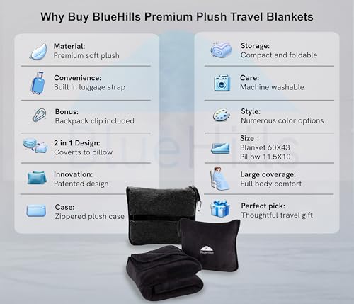 BlueHills 2-Pack Premium Soft Travel Blanket Pillow Airplane Blanket for Two in Soft Bag Pillowcase with Hand Luggage Belt and Backpack Clip, Compact Pack Large Blankets for Travel (Black T014) - color: Black-2pk-t014