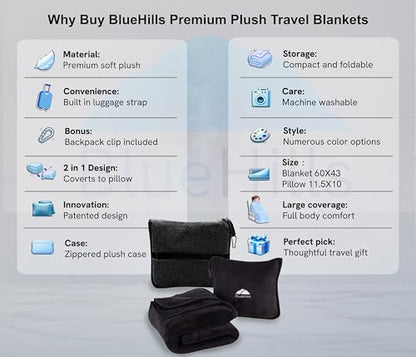 BlueHills 2-Pack Premium Soft Travel Blanket Pillow Airplane Blanket for Two in Soft Bag Pillowcase with Hand Luggage Belt and Backpack Clip, Compact Pack Large Blankets for Travel (Black T014) - color: Black-2pk-t014