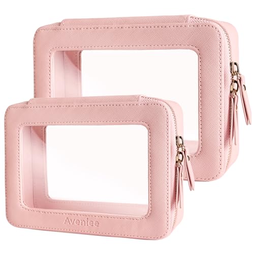 Aveniee Clear Makeup Bag Organizer Set,Portable Travel Toiletry Case for Women, Vegan Leather Cosmetic Pouch Car Bag for Essentials 2pcs,Middle & Large,Pink - color: Pink, style: Double Style