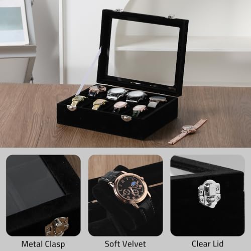 Frebeauty 8-Slot Watch Box,Velvet Watch Case with Glass Lid,Watch Organizer Box for Men and Women,Lockable Watch Storage,Watch Display Case,Ideal Gift(Black) - color: Black, size: 8 Slots